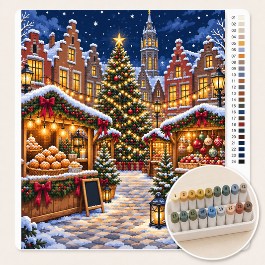 Kerstmarkt in een Hollands Stadje – Kleuren op Nummer canvas met stiftenset