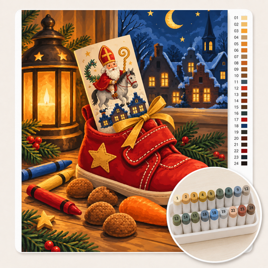 Kinderschoentje met Tekening voor Sint – Kleuren op Nummer canvas met stiftenset