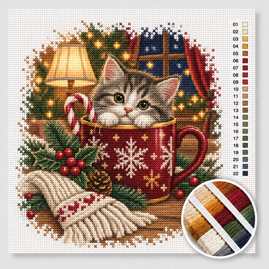 Kerst kruissteek pakket — pluizig kitten in een rode kerstmok met zuurstok en gouden lichtjes