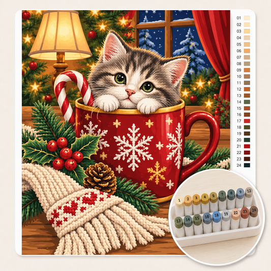 Kitten in een Kerstmok – Kleuren op Nummer canvas met stiftenset