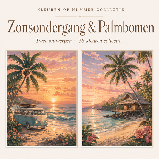 Zonsondergang & Palmbomen – Kleuren op Nummer Set met twee ontwerpen