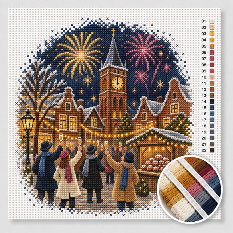 The Clock Strikes Twelve over the Village Square — Cross Stitch Kit