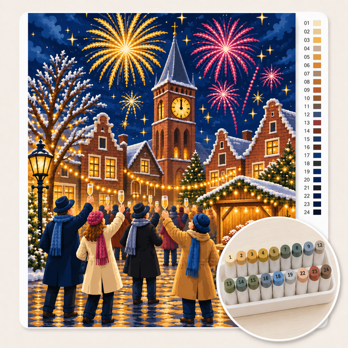 Klok slaat Twaalf boven het Dorpsplein – Kleuren op Nummer canvas met stiftenset