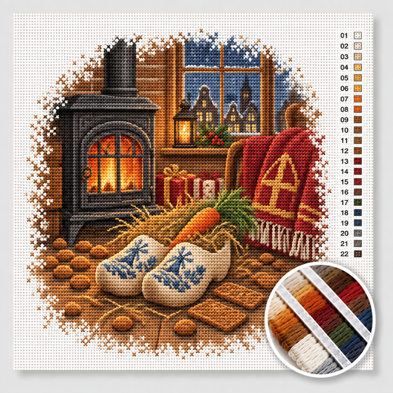 Clogs by the Stove with Hay and Carrot — Cross Stitch Kit