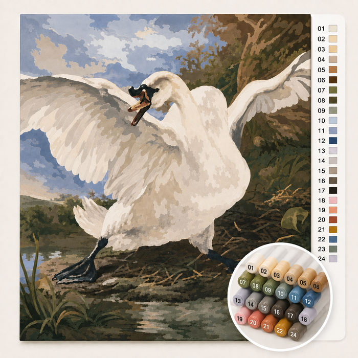 De bedreigde zwaan van Jan Asselijn als Kleuren op Nummer — canvas met genummerde vlakken en stiftenset