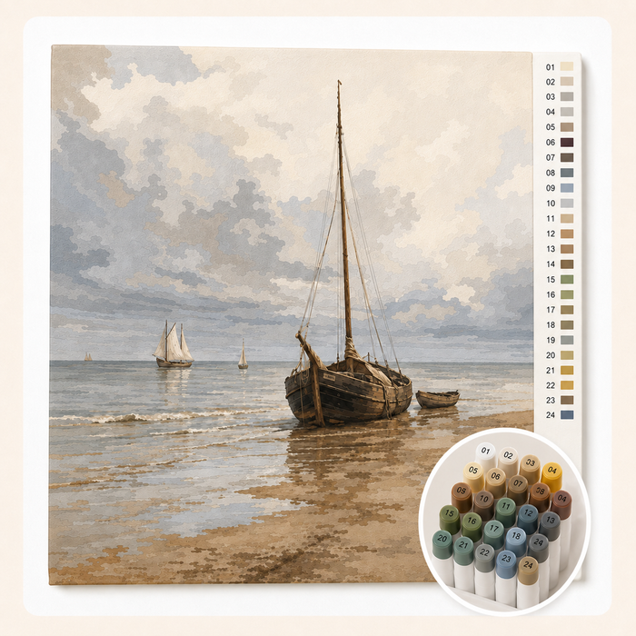 Kalm zeegezicht naar Hendrik Willem Mesdag als Kleuren op Nummer — canvas met genummerde vlakken en stiftenset
