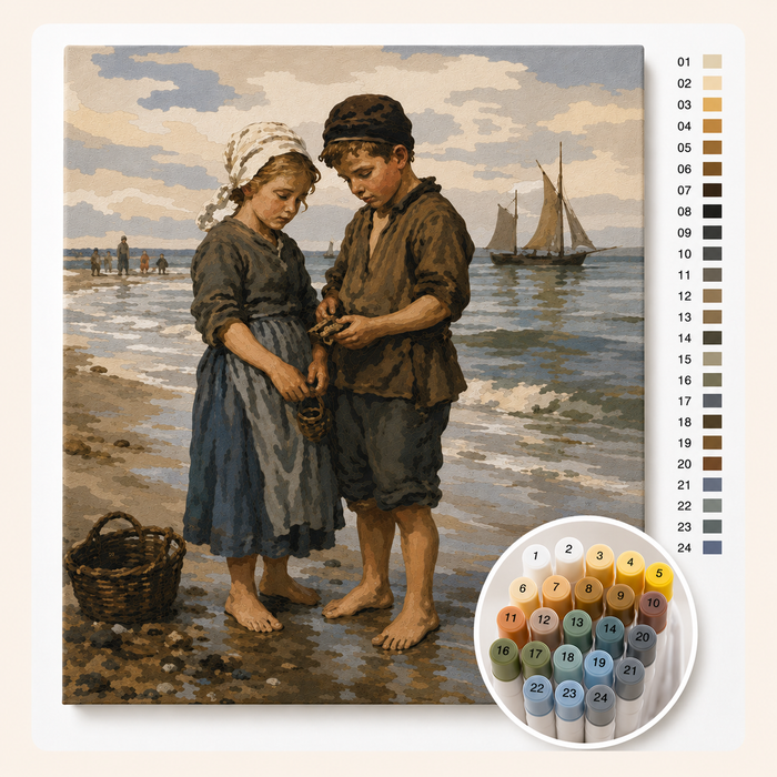 Kinderen der Zee van Jozef Israëls als Kleuren op Nummer — canvas met genummerde vlakken en stiftenset