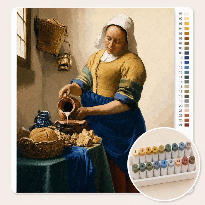 Het Melkmeisje van Johannes Vermeer als Kleuren op Nummer — canvas met genummerde vlakken en stiftenset
