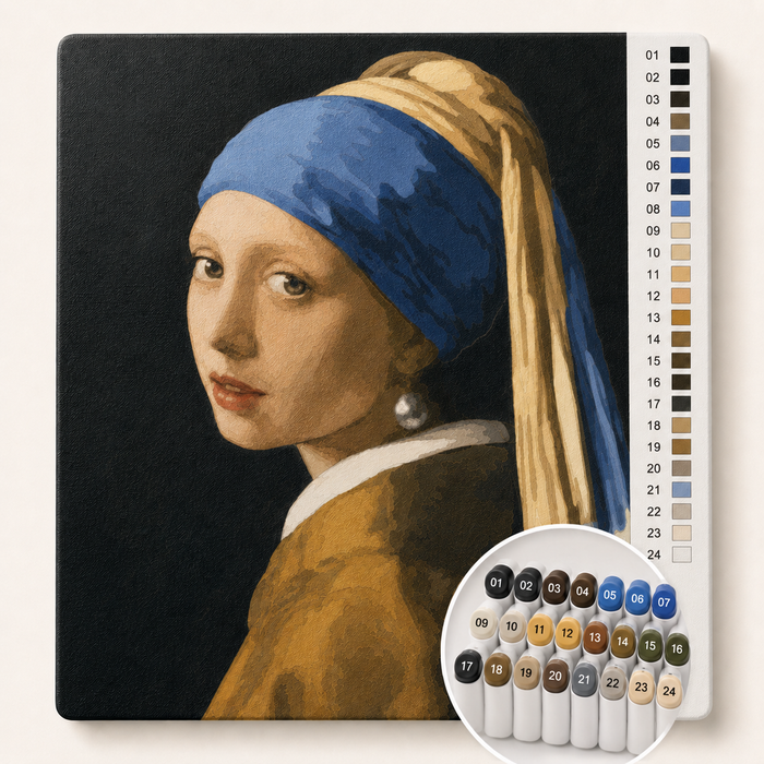 Meisje met de Parel van Johannes Vermeer als Kleuren op Nummer — canvas met genummerde vlakken en stiftenset