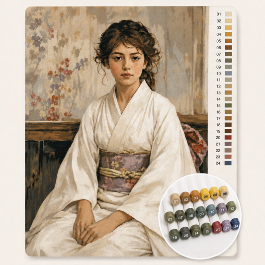 Meisje in witte kimono van George Hendrik Breitner als Kleuren op Nummer — canvas met genummerde vlakken en stiftenset