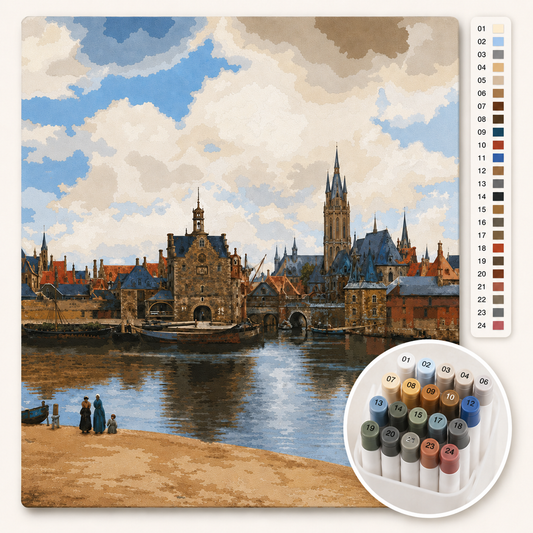 Gezicht op Delft van Johannes Vermeer als Kleuren op Nummer — canvas met genummerde vlakken en stiftenset