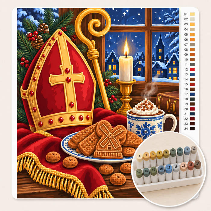 Mijter en Staf met Speculaas – Kleuren op Nummer canvas met stiftenset