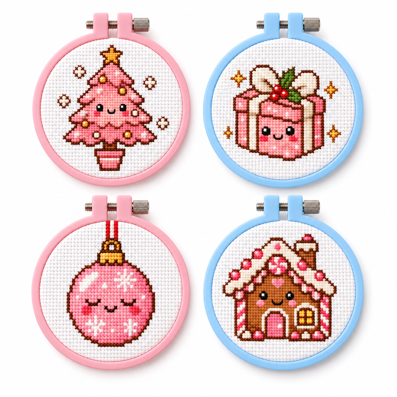 Mini Bundle Pink Christmas — Set of 4 Mini Cross Stitch Kits