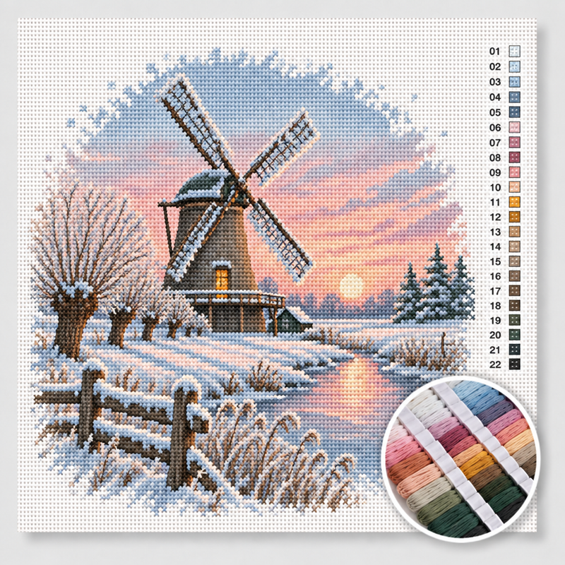 Molen in de Sneeuw bij Zonsopkomst — Kruissteek Pakket