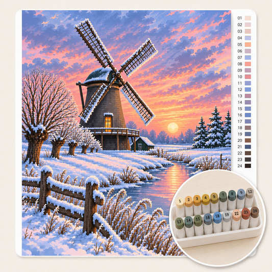 Molen in de Sneeuw bij Zonsopkomst – Kleuren op Nummer canvas met stiftenset