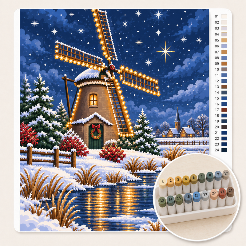 Windmill with Christmas Lights in the Snow — Paint by Numbers