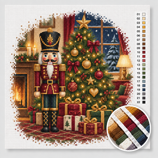 Kerst kruissteek pakket — houten notenkraker in bordeaux uniform naast versierde kerstboom