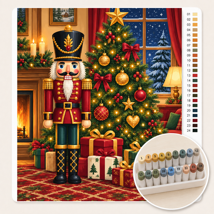 Notenkraker bij de Kerstboom – Kleuren op Nummer canvas met stiftenset
