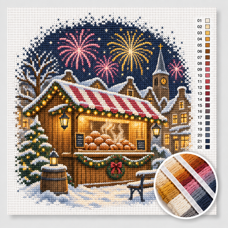 Oliebollen Stall in the Snow — Cross Stitch Kit