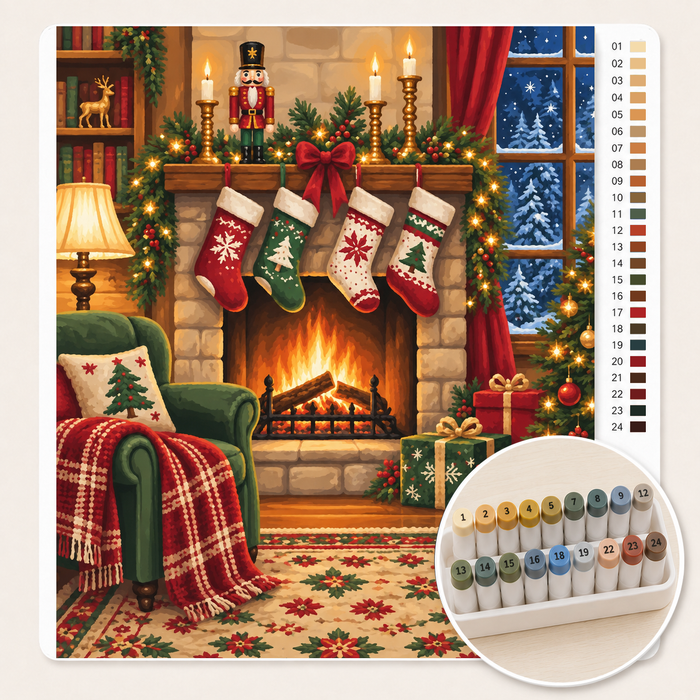 Open Haard met Kerstsokken – Kleuren op Nummer canvas met stiftenset