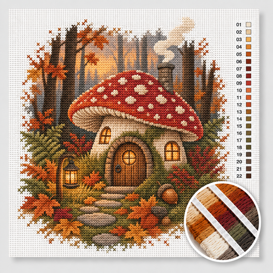 Herfst kruissteek pakket — rood paddenstoelenhuisje met verlichte raampjes en lantaarn in het bos