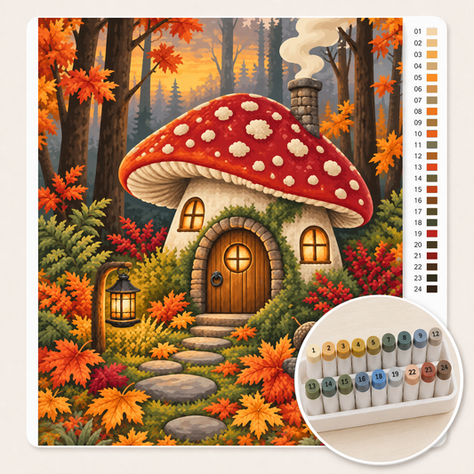 Paddenstoelenhuisje in het Bos – Kleuren op Nummer canvas met stiftenset