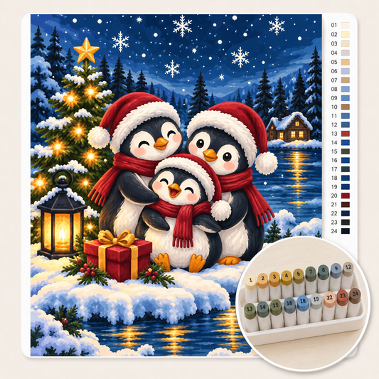 Pinguïns met Kerstmutsen – Kleuren op Nummer canvas met stiftenset