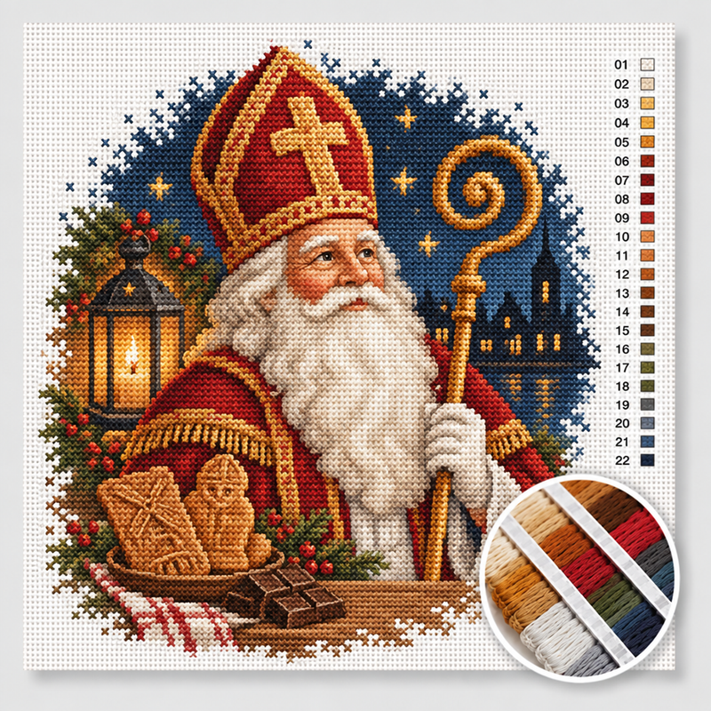 Portrait of Sinterklaas with a Golden Staff — Cross Stitch Kit