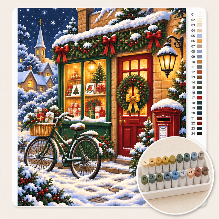 Postkantoor met Kerstkaarten – Kleuren op Nummer canvas met stiftenset