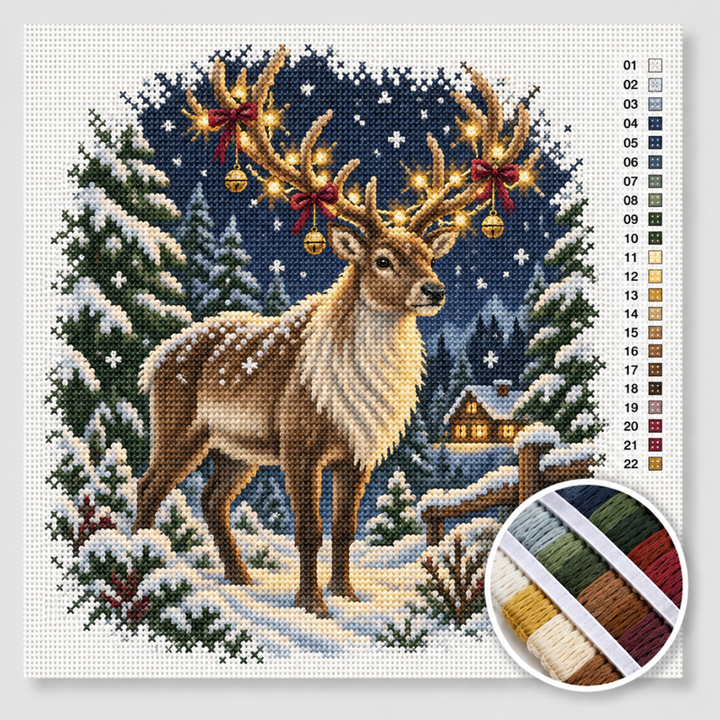 Reindeer with Lights in Its Antlers — Cross Stitch Kit