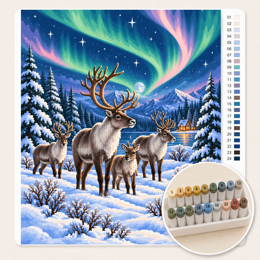 Rendieren onder het Noorderlicht – Kleuren op Nummer canvas met stiftenset