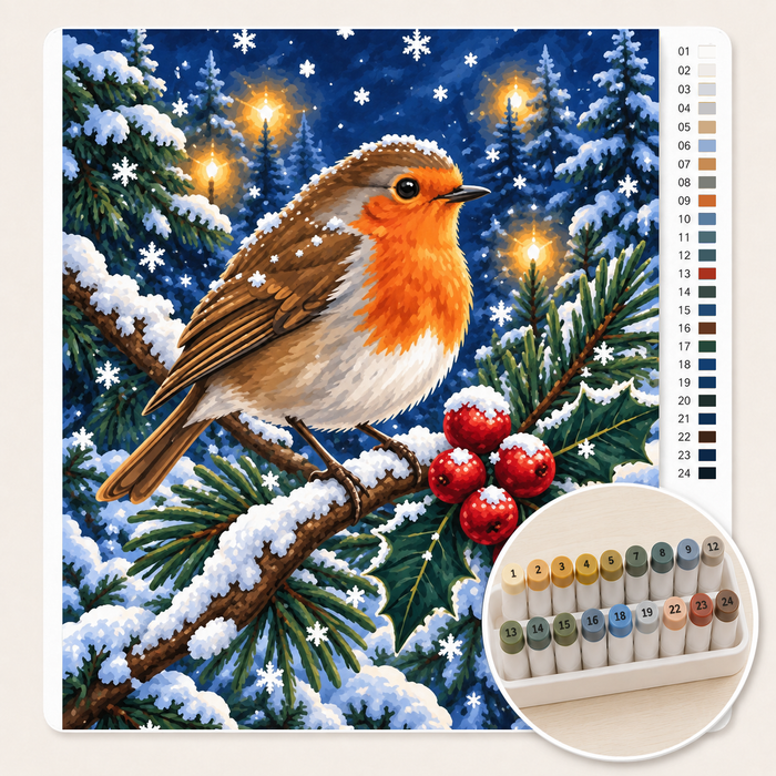 Roodborstje op een Besneeuwde Tak – Kleuren op Nummer canvas met stiftenset