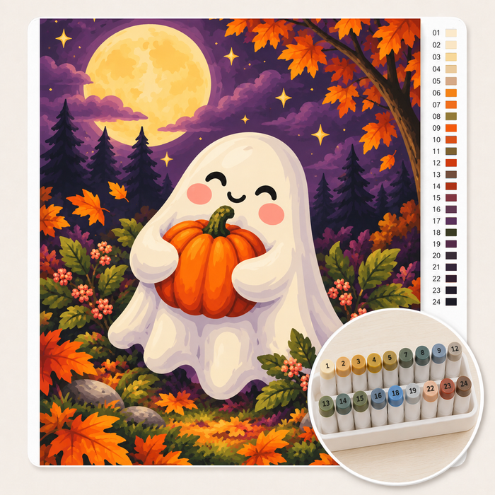 Roze Halloween: Lief Spookje – Kleuren op Nummer canvas met stiftenset