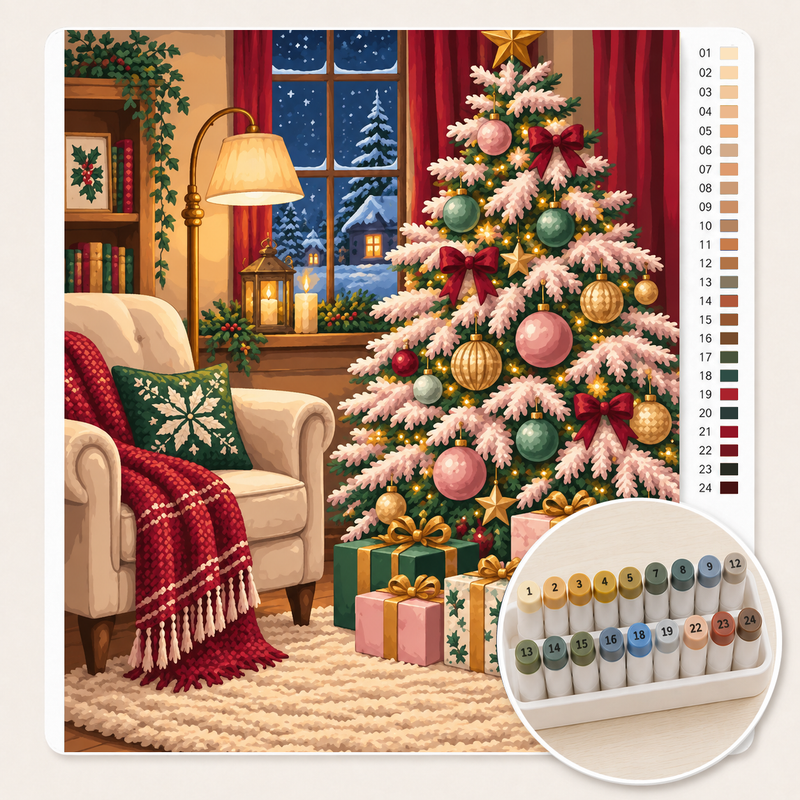 Roze Kerstboom met Pastel Kerstballen – Kleuren op Nummer canvas met stiftenset