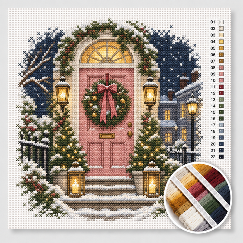 Pink Christmas Front Door with Wreath — Cross Stitch Kit