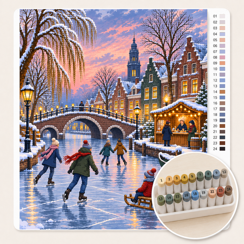 Schaatsers op de Bevroren Vaart – Kleuren op Nummer canvas met stiftenset