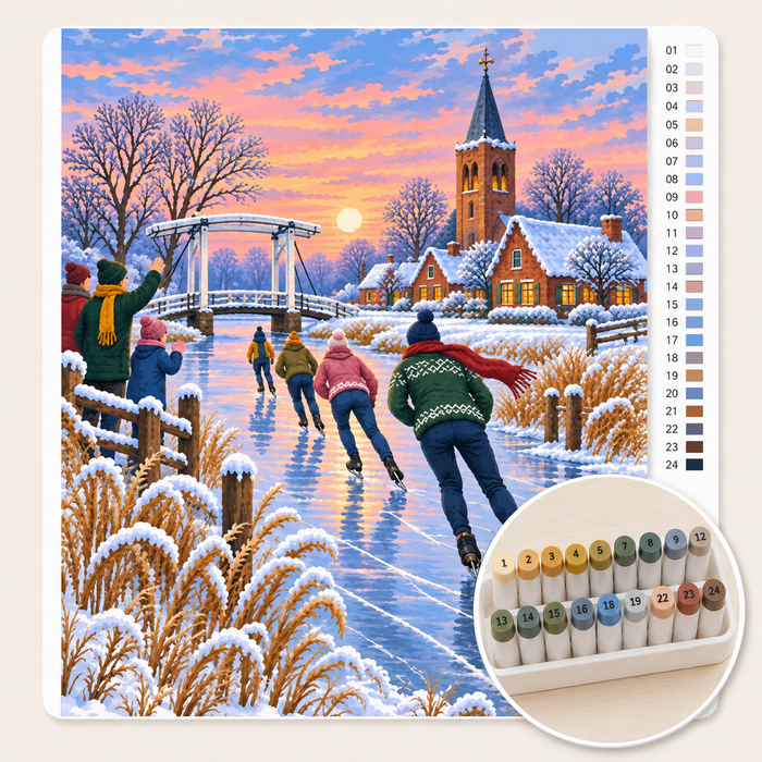 Schaatstocht langs de Friese Dorpen – Kleuren op Nummer canvas met stiftenset