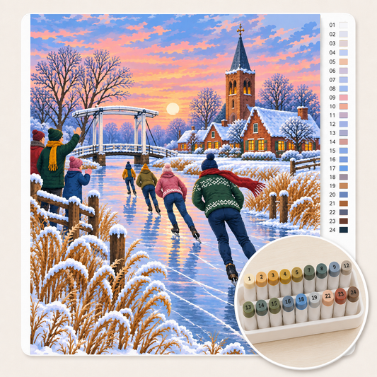 Schaatstocht langs de Friese Dorpen – Kleuren op Nummer canvas met stiftenset