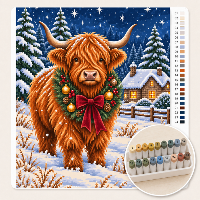Schotse Hooglander in de Sneeuw met Kerstkrans – Kleuren op Nummer canvas met stiftenset