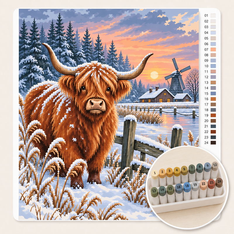 Schotse Hooglander in een Sneeuwbui – Kleuren op Nummer canvas met stiftenset