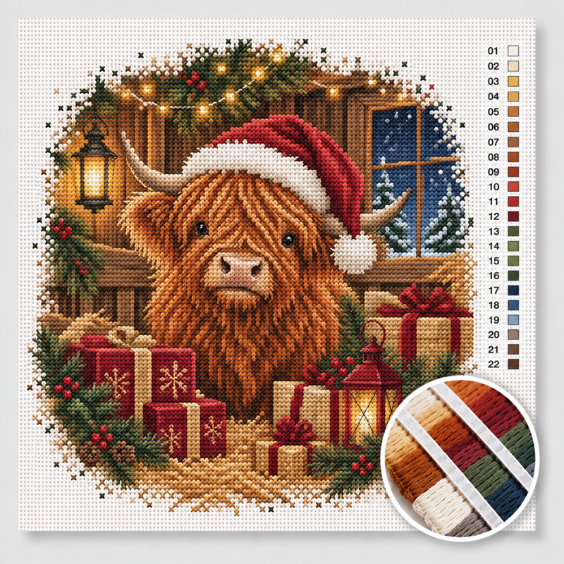 Highland Cow with Christmas Hat and Presents — Cross Stitch Kit
