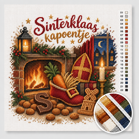 Sinterklaas kruissteek pakket — rood schoentje bij de haard met wortel, pepernoten en tekst Sinterklaas kapoentje
