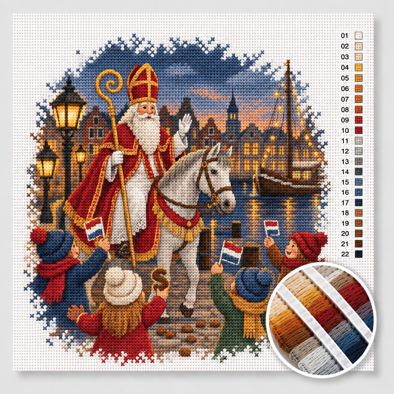 Sinterklaas on the Quay with Waving Children — Cross Stitch Kit