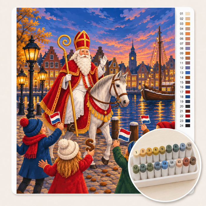 Sinterklaas op de Kade met Wuivende Kinderen – Kleuren op Nummer canvas met stiftenset
