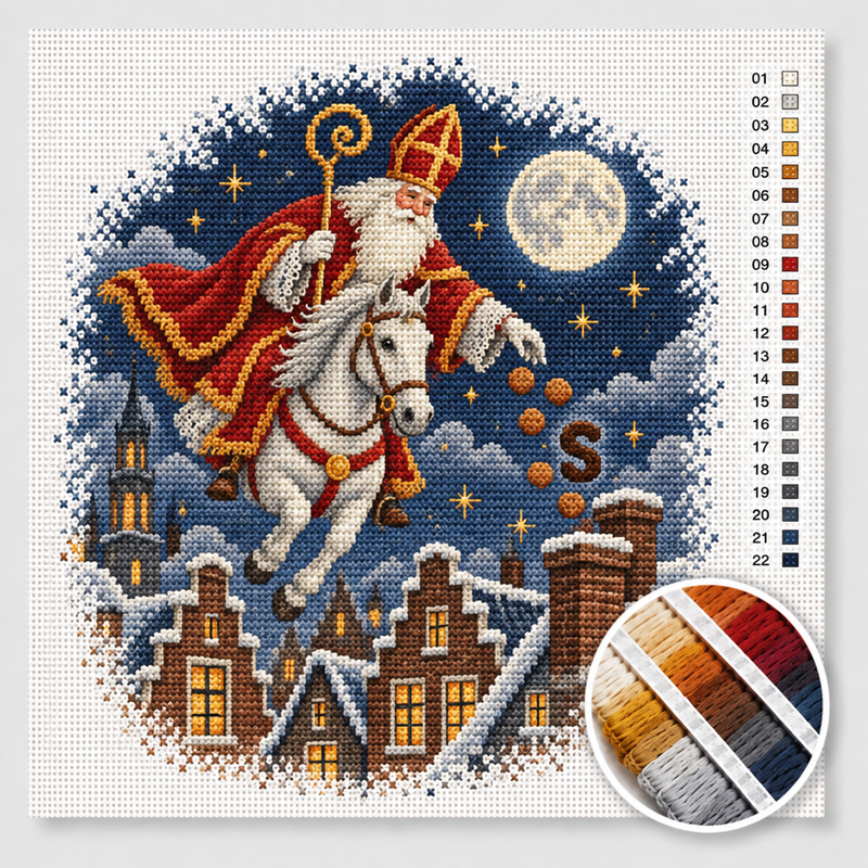Sinterklaas on His White Horse over the Rooftops — Cross Stitch Kit