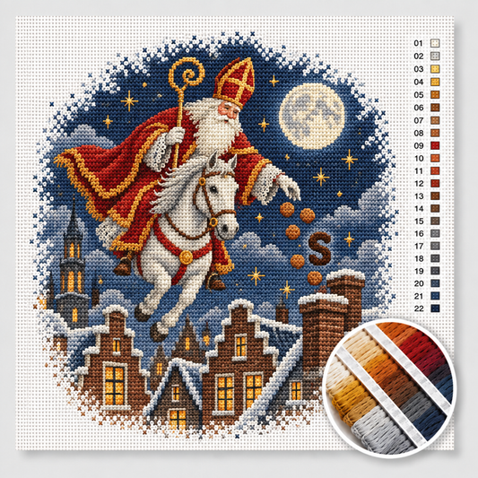 Sinterklaas kruissteek pakket — Sinterklaas op zijn schimmel boven maanverlichte Hollandse daken