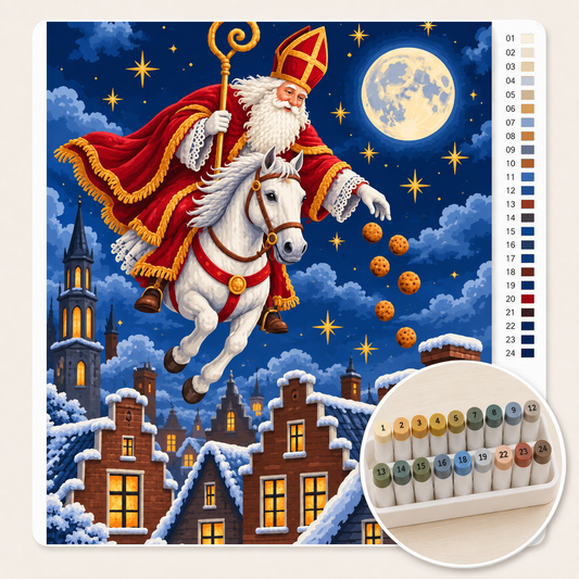 Sinterklaas op zijn Schimmel boven de Daken – Kleuren op Nummer canvas met stiftenset