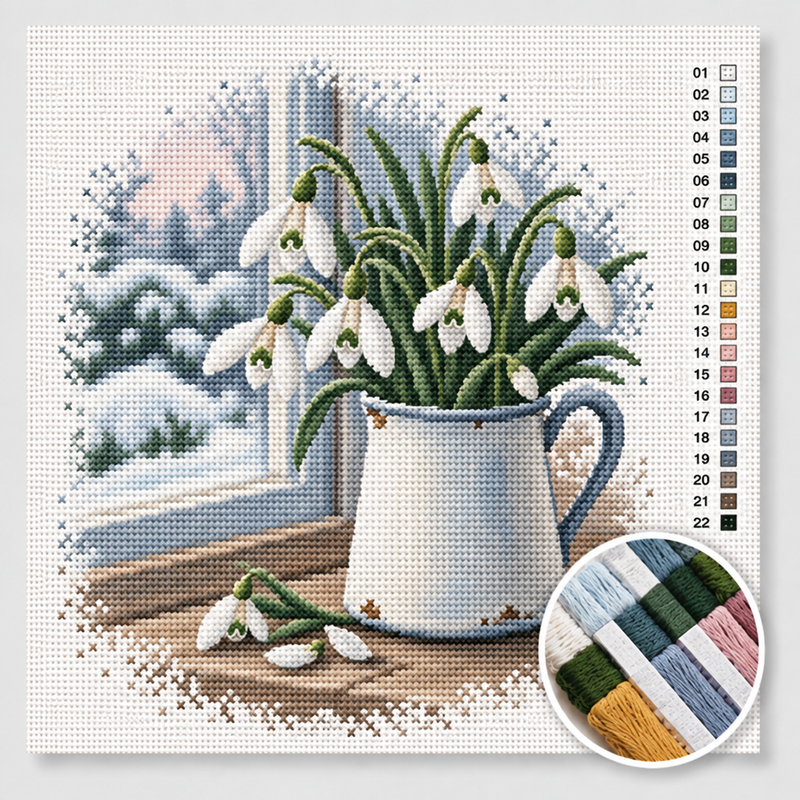 Snowdrops in an Enamel Jug — Cross Stitch Kit