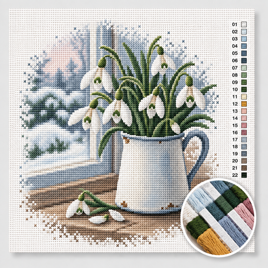 Winter kruissteek pakket — witte sneeuwklokjes in een emaille kannetje bij het raam