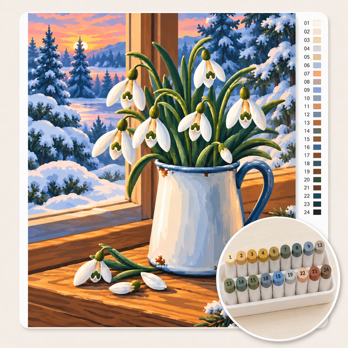 Sneeuwklokjes in een Emaille Kannetje – Kleuren op Nummer canvas met stiftenset